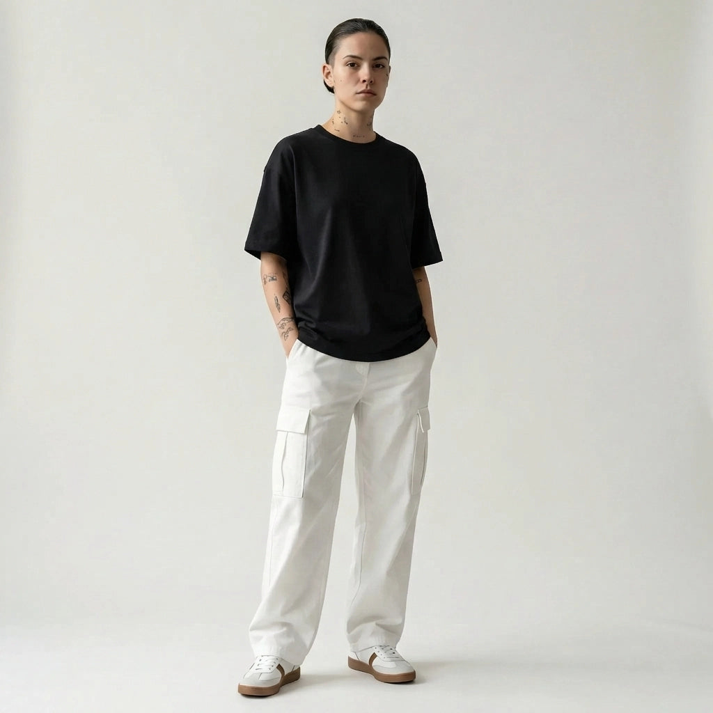 Person wearing a black JAYTEE t-shirt and white pants on a plain background
