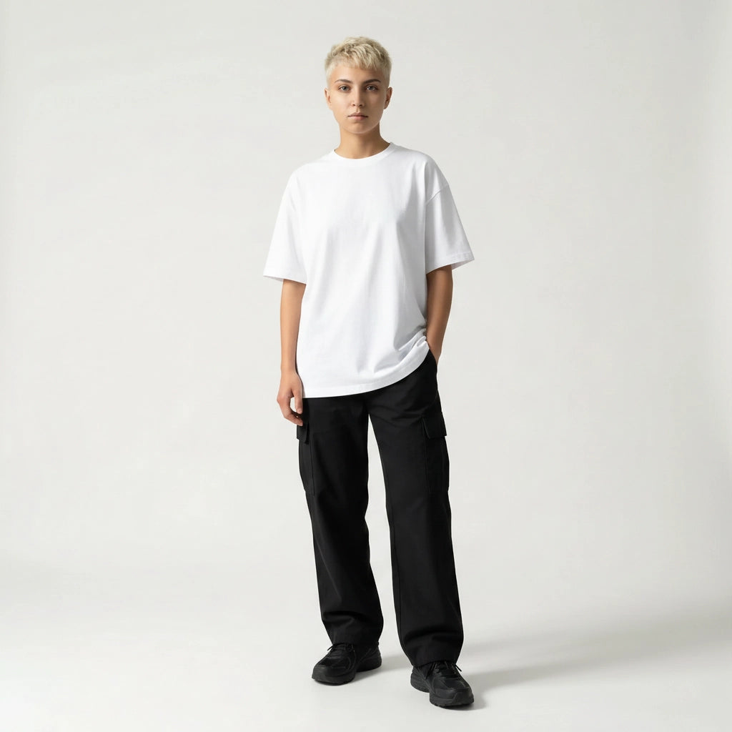 Person wearing a white JAYTEE t-shirt and black pants on a plain background