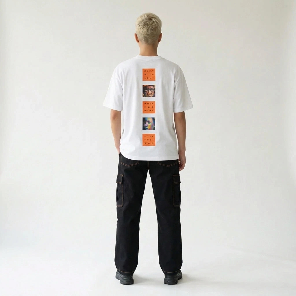 Person wearing a white JAYTEE t-shirt with graphic designs on the back against a plain background
