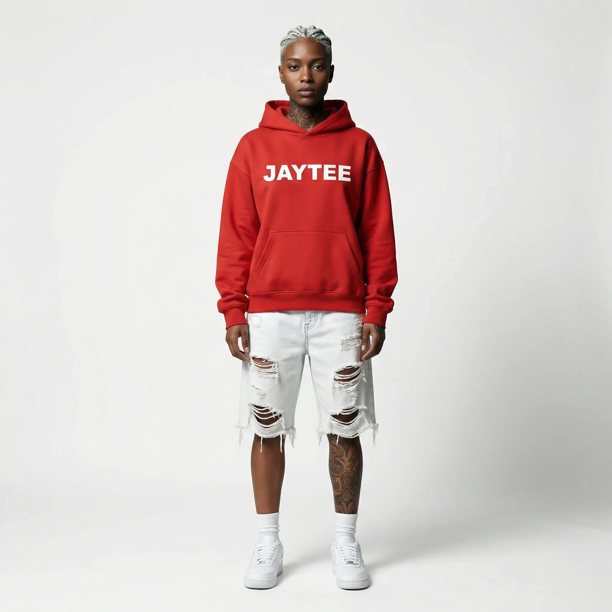 Red 'JAYTEE' hoodie with logo across the front in white