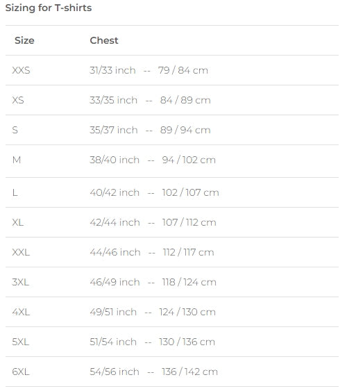 Size chart for t-shirts showing chest measurements in inches and centimeters.