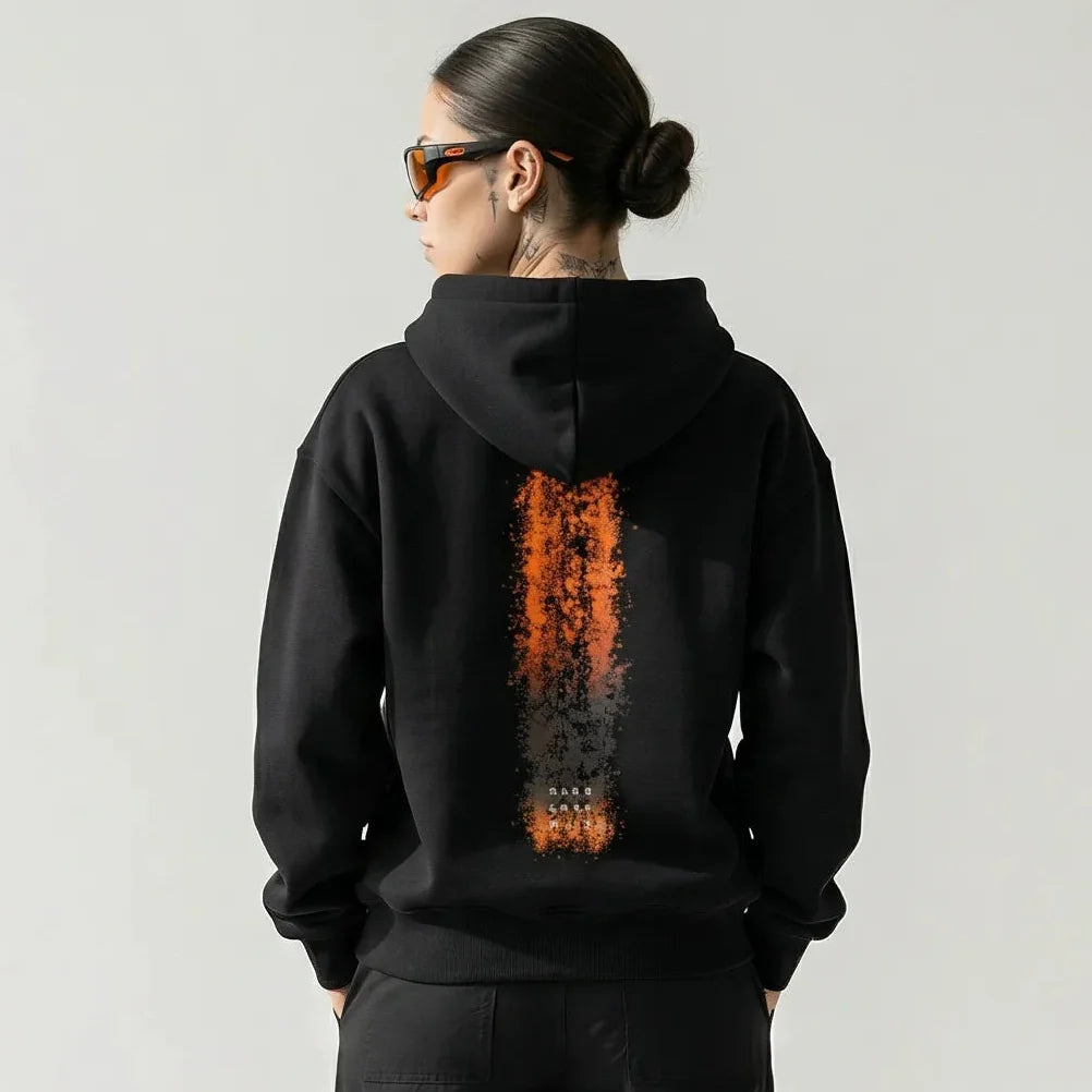 Black hoodie with Spray pattern in orange and black