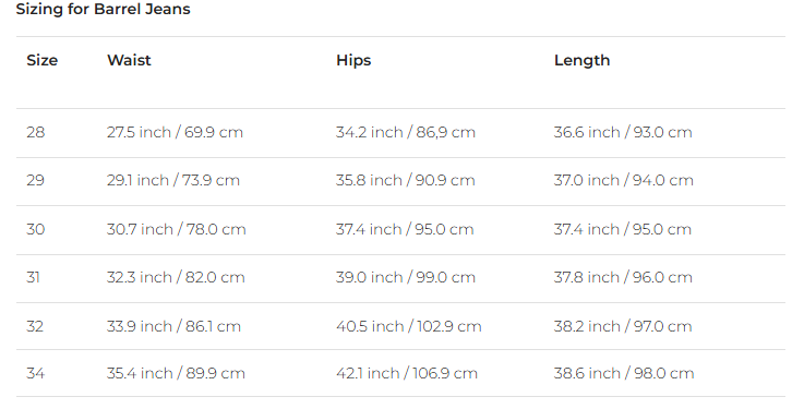 Sizing chart for Barrel Jeans with measurements for waist, hips, and length.