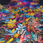 Multicolored abstract pattern with floral elements on a dark background