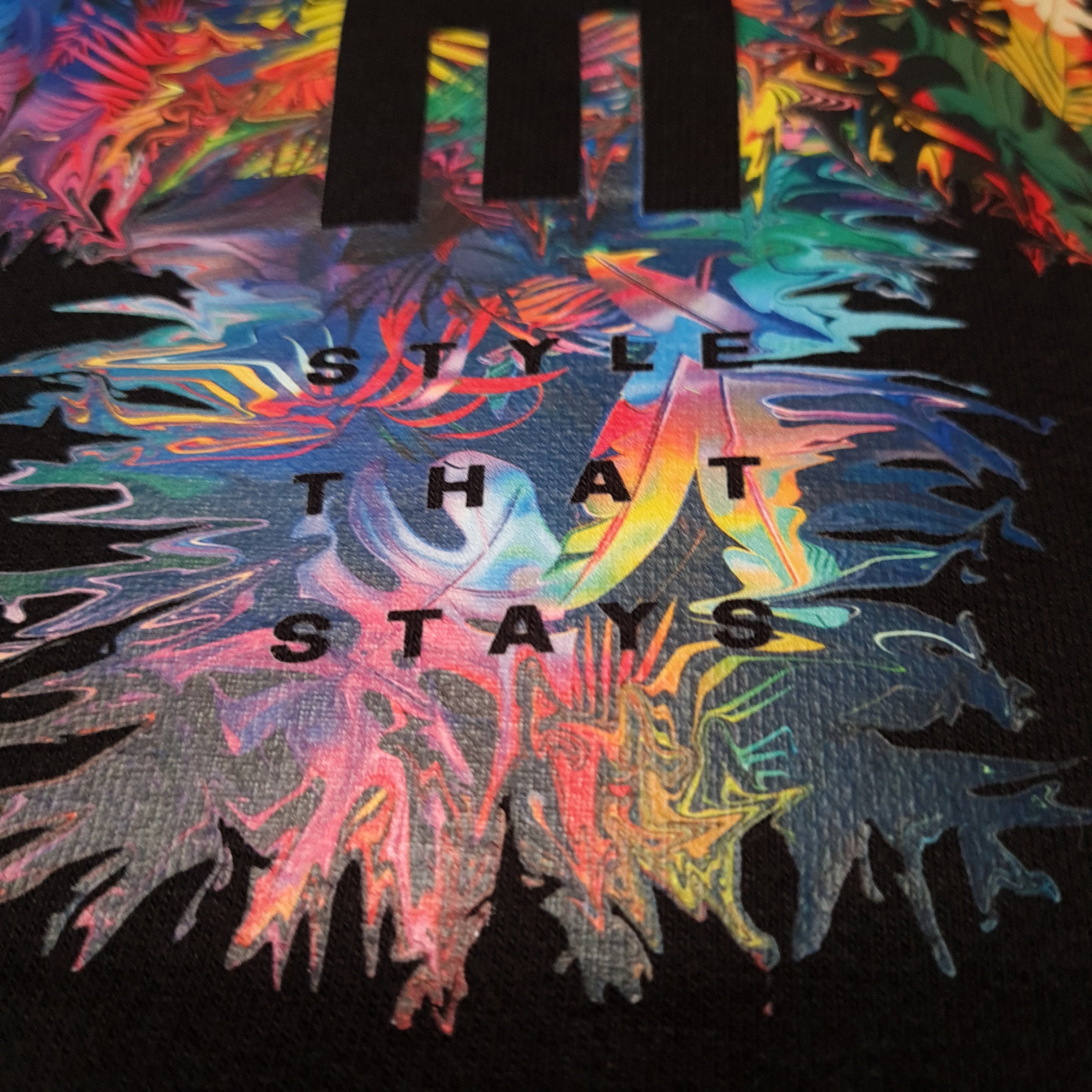 Colorful abstract design with text on a black background