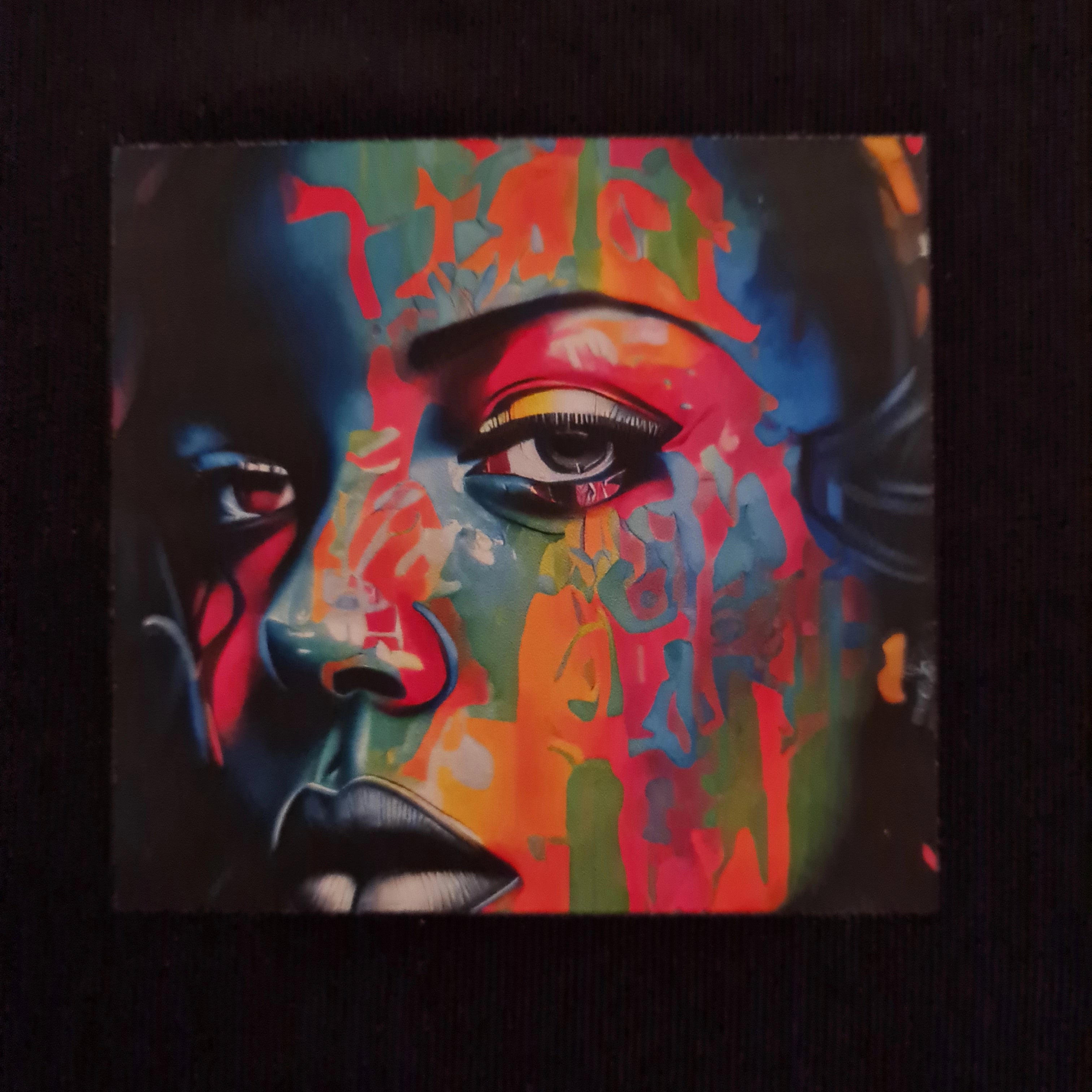 Colorful abstract art of a face on a black background