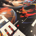 Colorful abstract design with geometric shapes and text on a black background