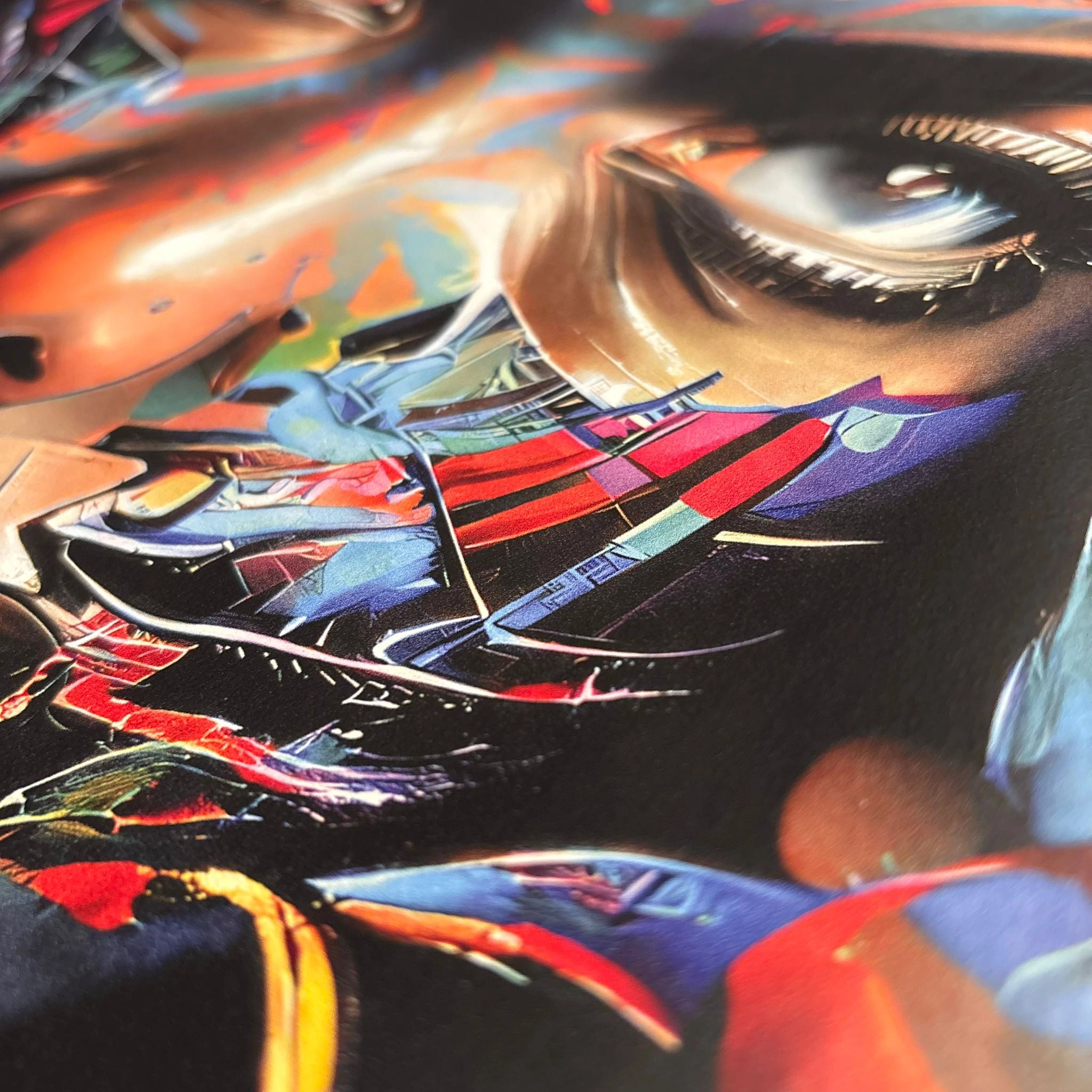 Colorful abstract painting with a focus on geometric shapes and vibrant colors.