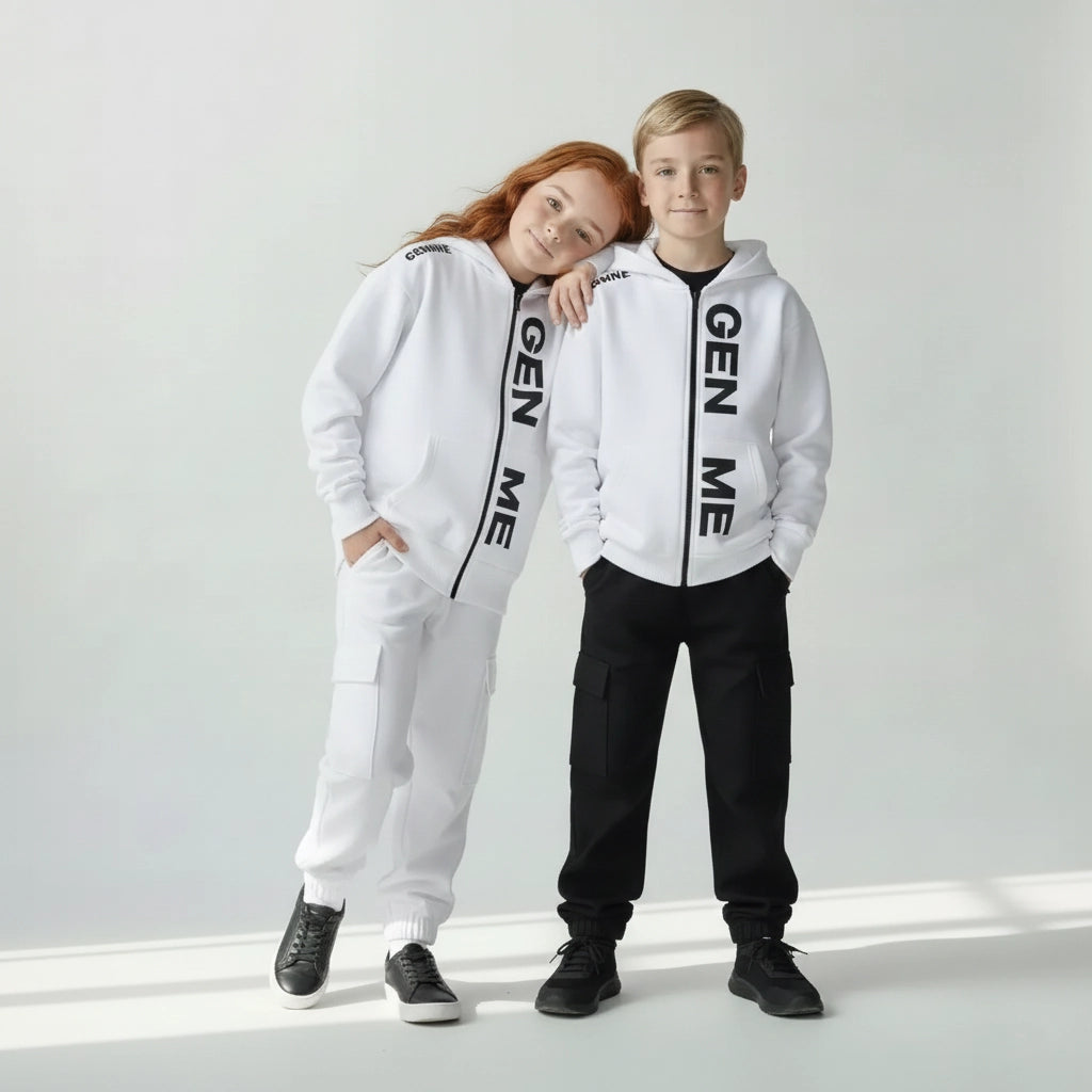 Two children wearing matching 'GEN ME' branded outfits on a plain background