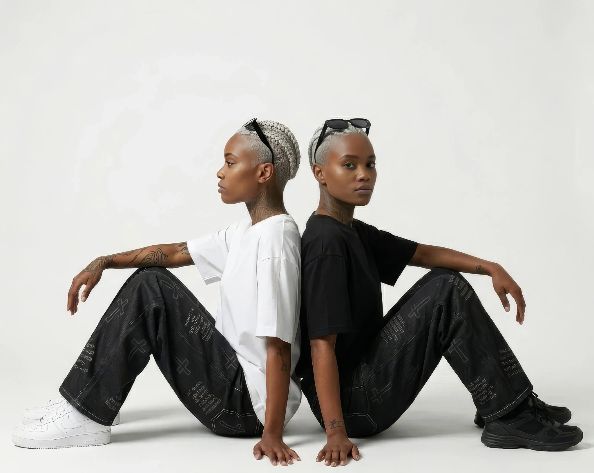 Two people sitting back-to-back on a white background with JAYTEE jeans