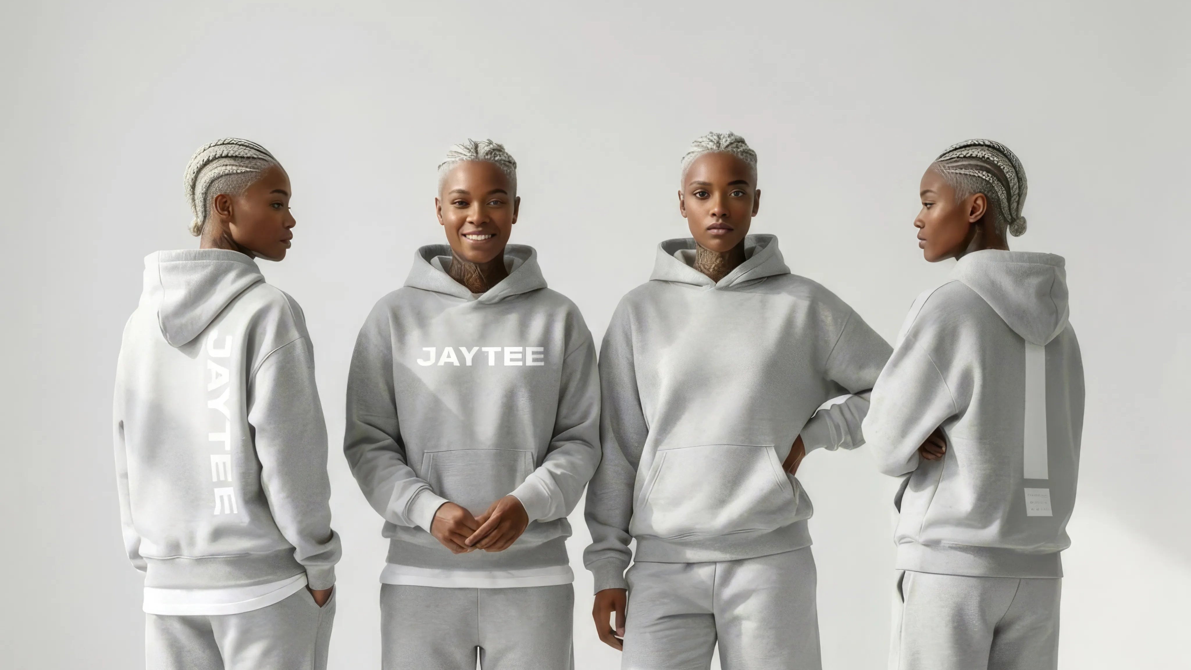 Four people wearing gray JAYTEE hoodies and pants on a white background