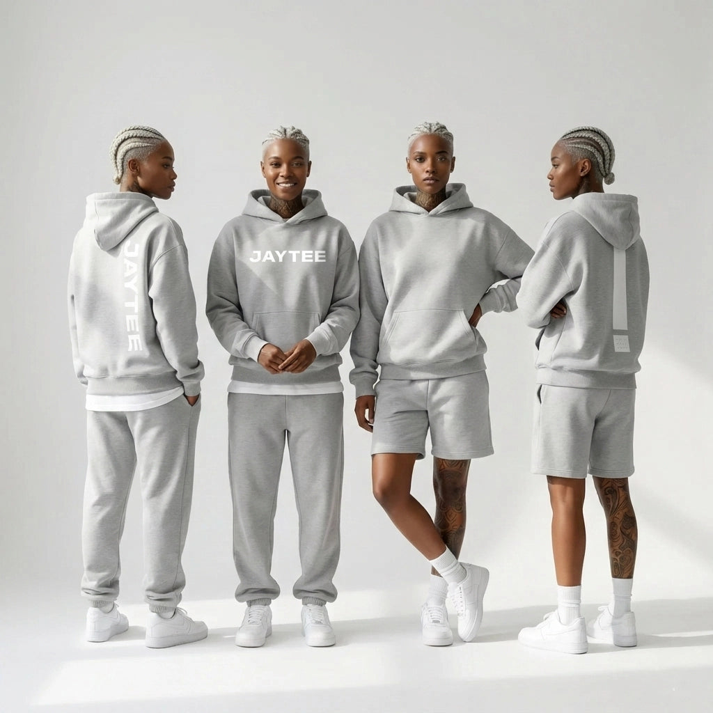 Four people wearing gray JAYTEE hoodies and shorts on a white background