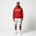 Red 'JAYTEE' hoodie with logo across the front in white