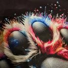 Colorful abstract design with eye-like shapes on a dark background