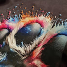 Colorful abstract design with feathers and splashes on a dark background