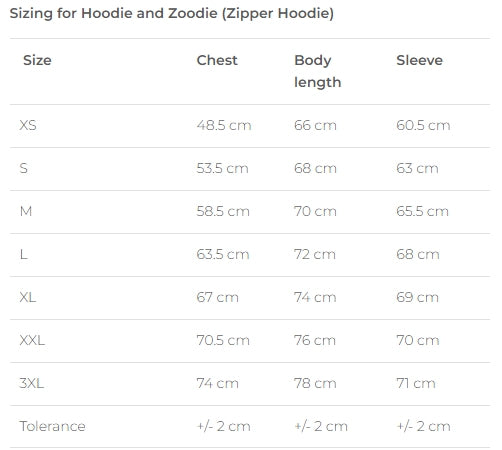 Sizing chart for Hoodie and Zoodie (Zipper Hoodie) with measurements in centimeters.