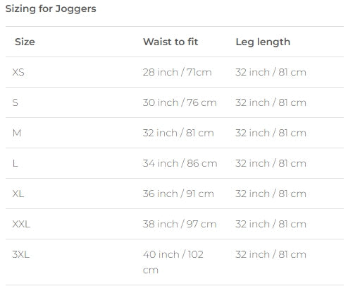 Size chart for joggers showing waist and leg length measurements.