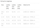 Size chart for leggings showing measurements in UK, EU, US, and waist size.