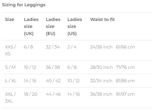 Size chart for leggings showing measurements in UK, EU, US, and waist size.